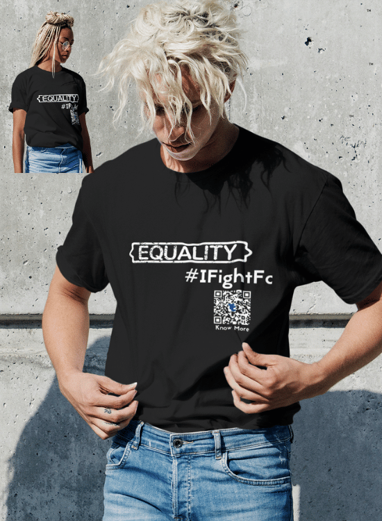A person wearing a black CLAIM It Tee™ and jeans is standing outside. The CLAIM™ reads {EQUALITY} #IFightFor. In the top left corner is a smaller picture of a person in the same looking shirt. However, that shirt has its own Share Space™.
